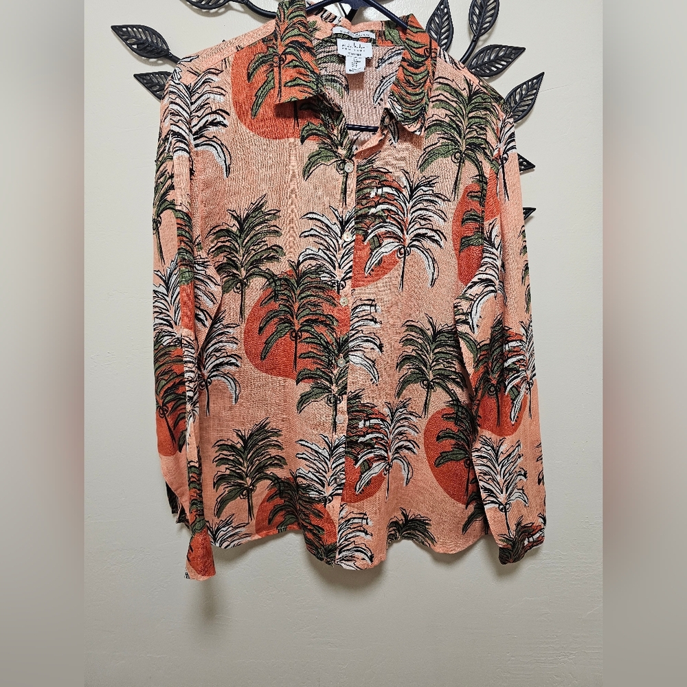 Nicole Miller New York Orange Tropical Print‎ Long Sleeve Button M 100% Linen